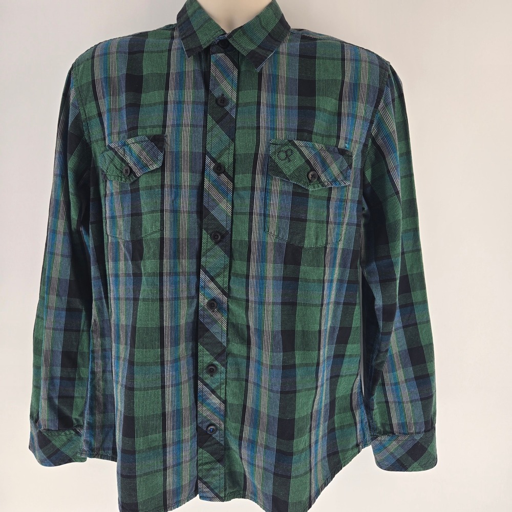 Ocean Pacific OP Mens Green Blue Plaid Long Sleeve Button Down Shirt‎ Large